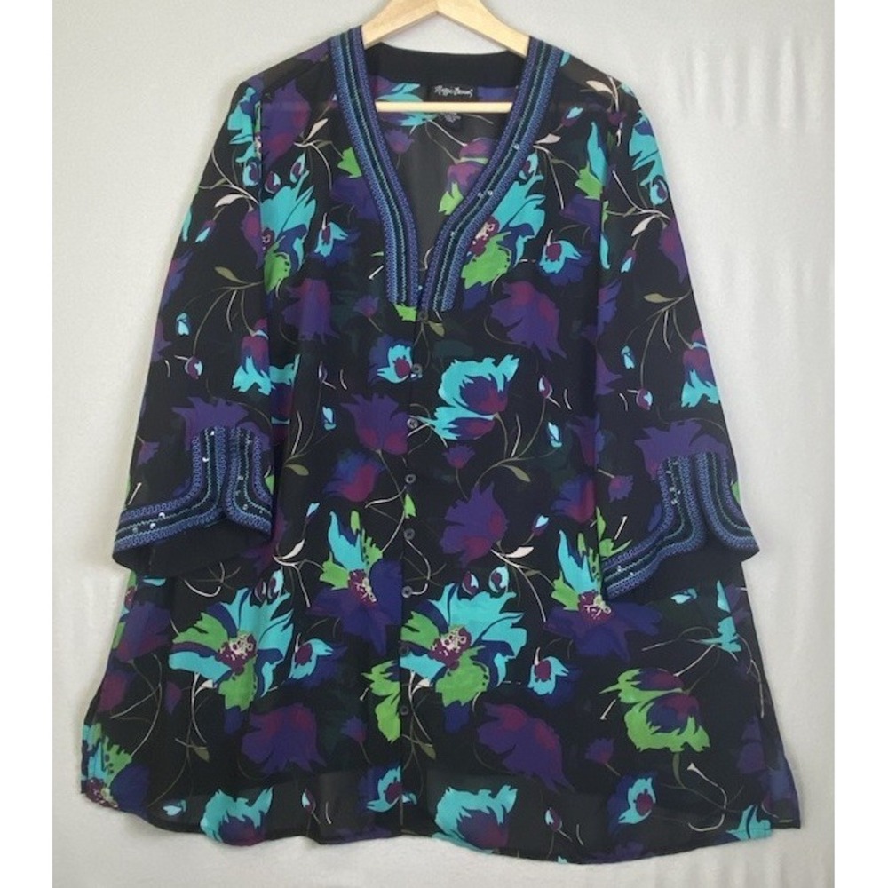 Maggie Barnes Sheer Black Floral Blouse 1X ( 18/20W) Embroidery Sequins Top